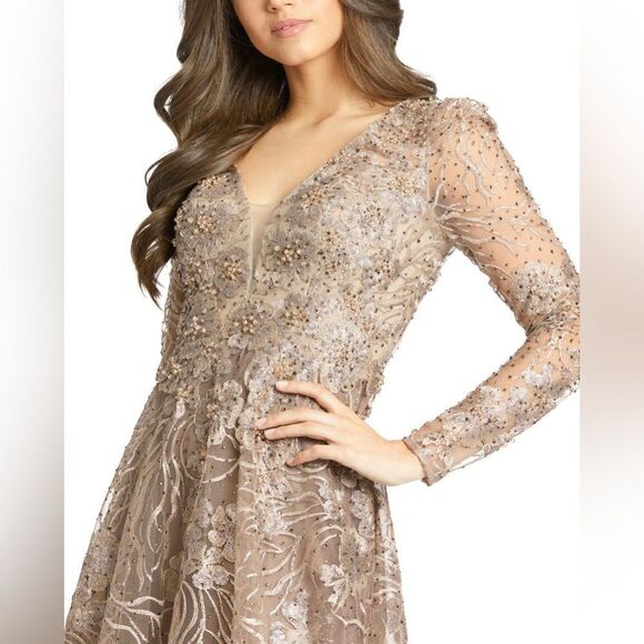 Mac Duggal Metallic Lace Midi Dress in Gold - Picture 3 of 9